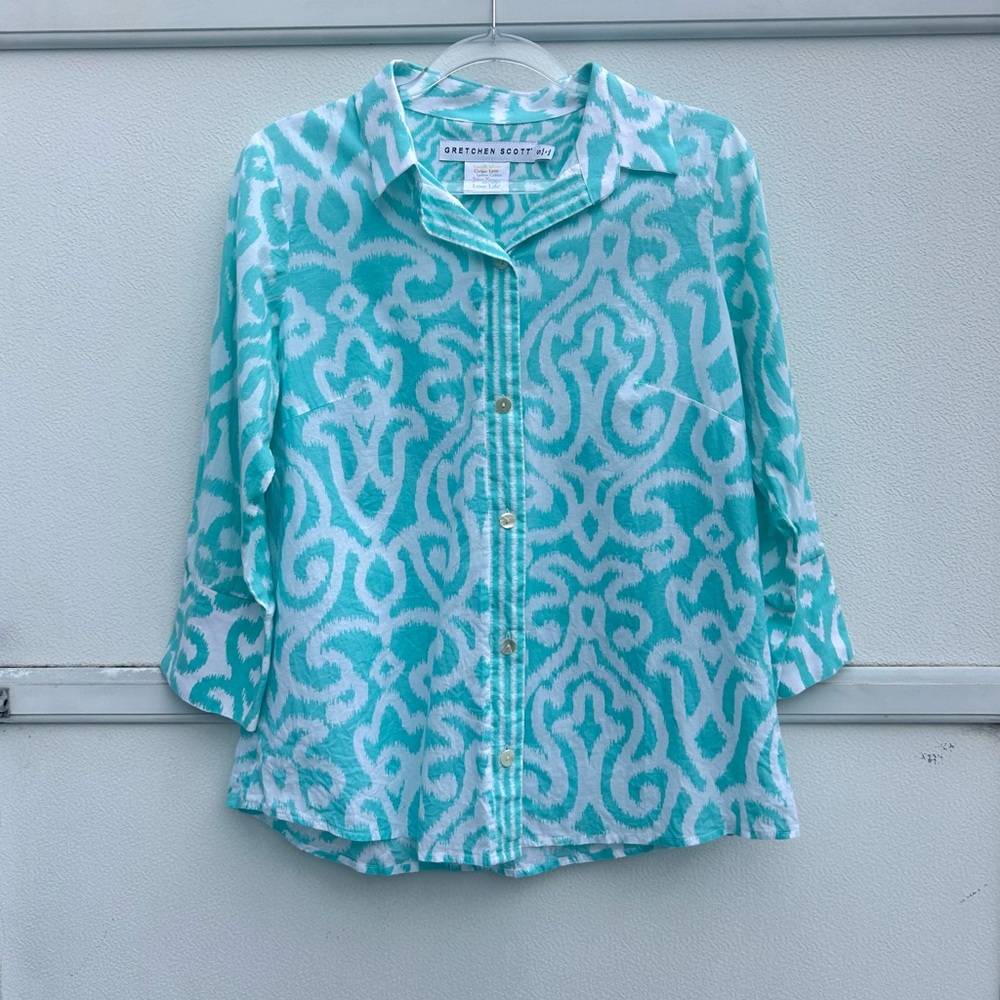 Gretchen Scott Top Women S Blue Button Up Everywhere Arabesque 100% Cotton Shirt - Picture 9 of 13